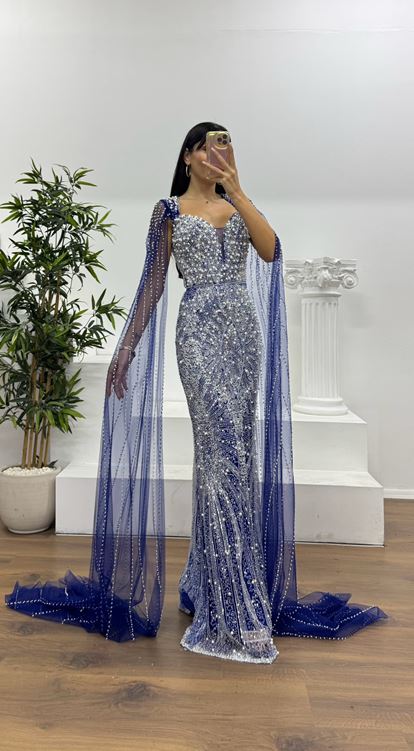 Saks Kollu İnci Süslemeli Abiye Elbise